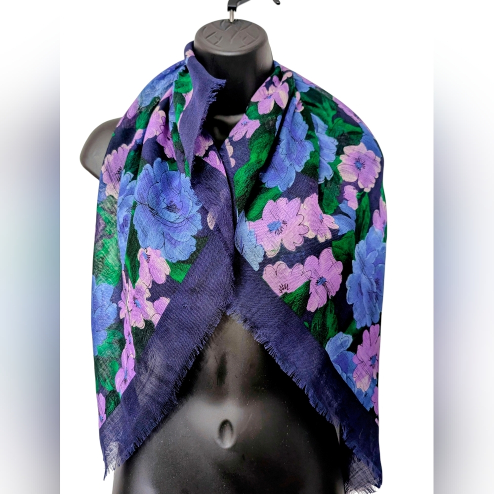 Casca For Majid Blue Purple and Green‎ Thin Fine Wool Floral Scarf